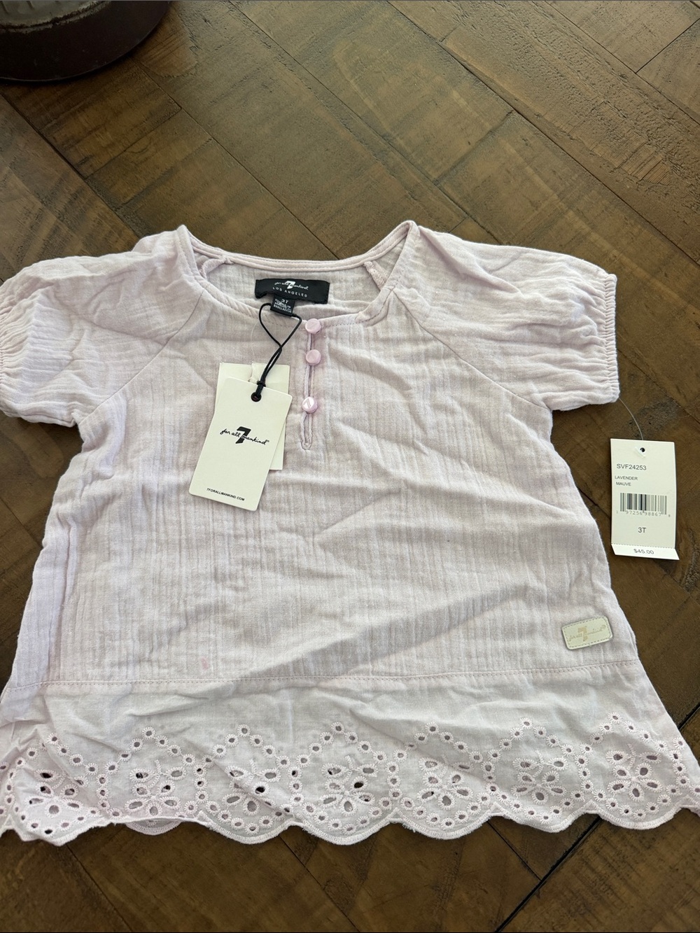 7 For All Mankind Lavender Mauve Eyelet Hem Short Sleeve Henley